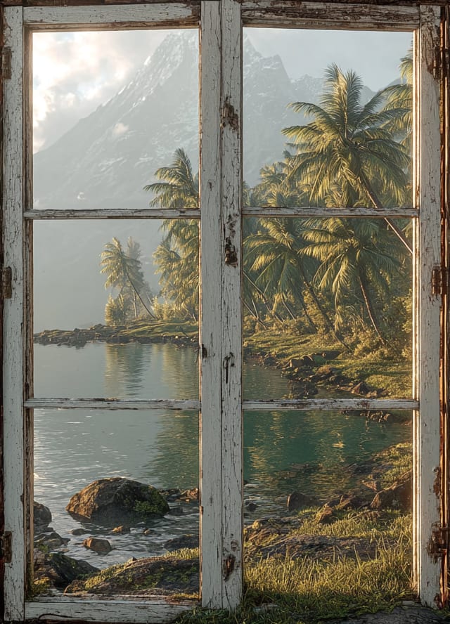 Old window framing tropical view: palm trees, water, and mountains.
