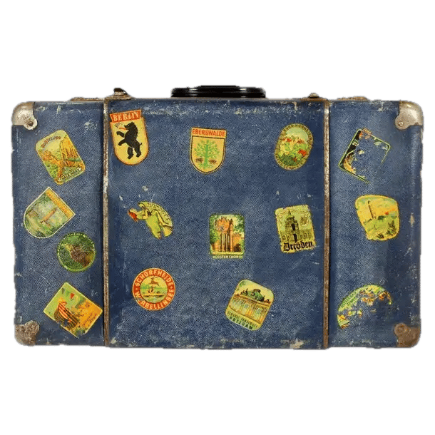Blue suitcase covered in retro travel stickers.