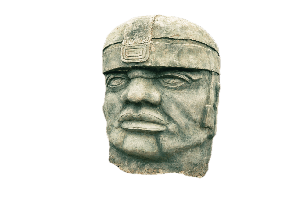 A stone sculpture of an Olmec colossal head.