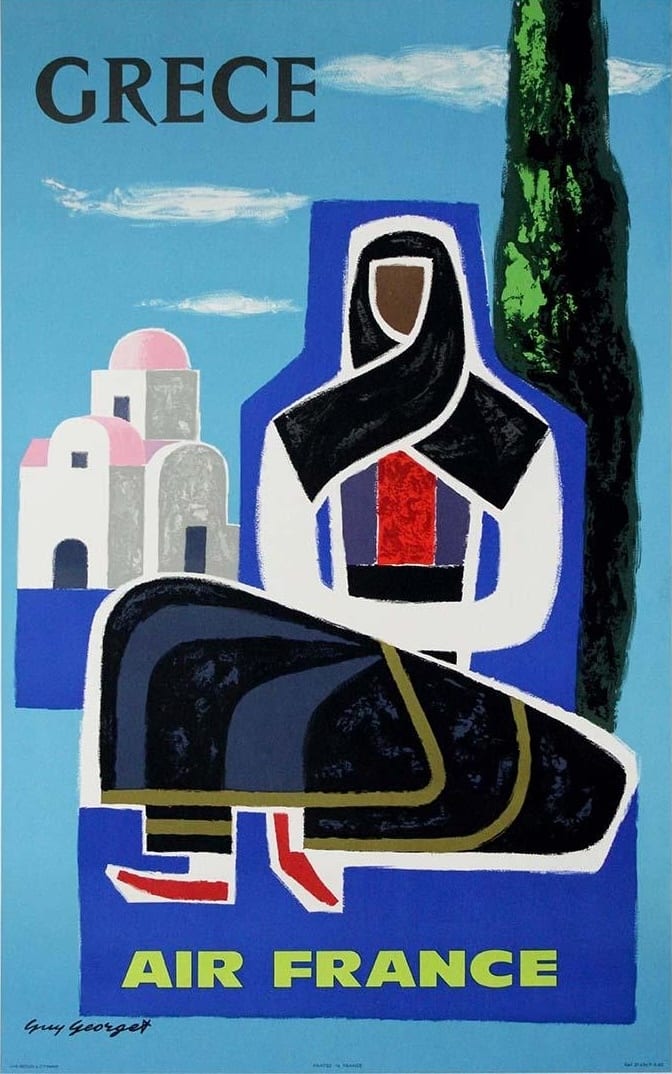 Vintage Air France poster for Greece: stylized person, white houses, green tree.