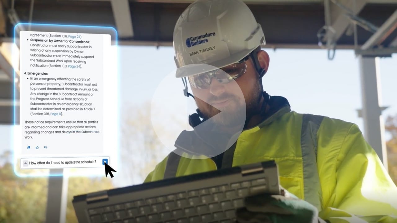 Video Thumbnail: Construction worker uses AI on a laptop to review a contract and ask about schedule updates.