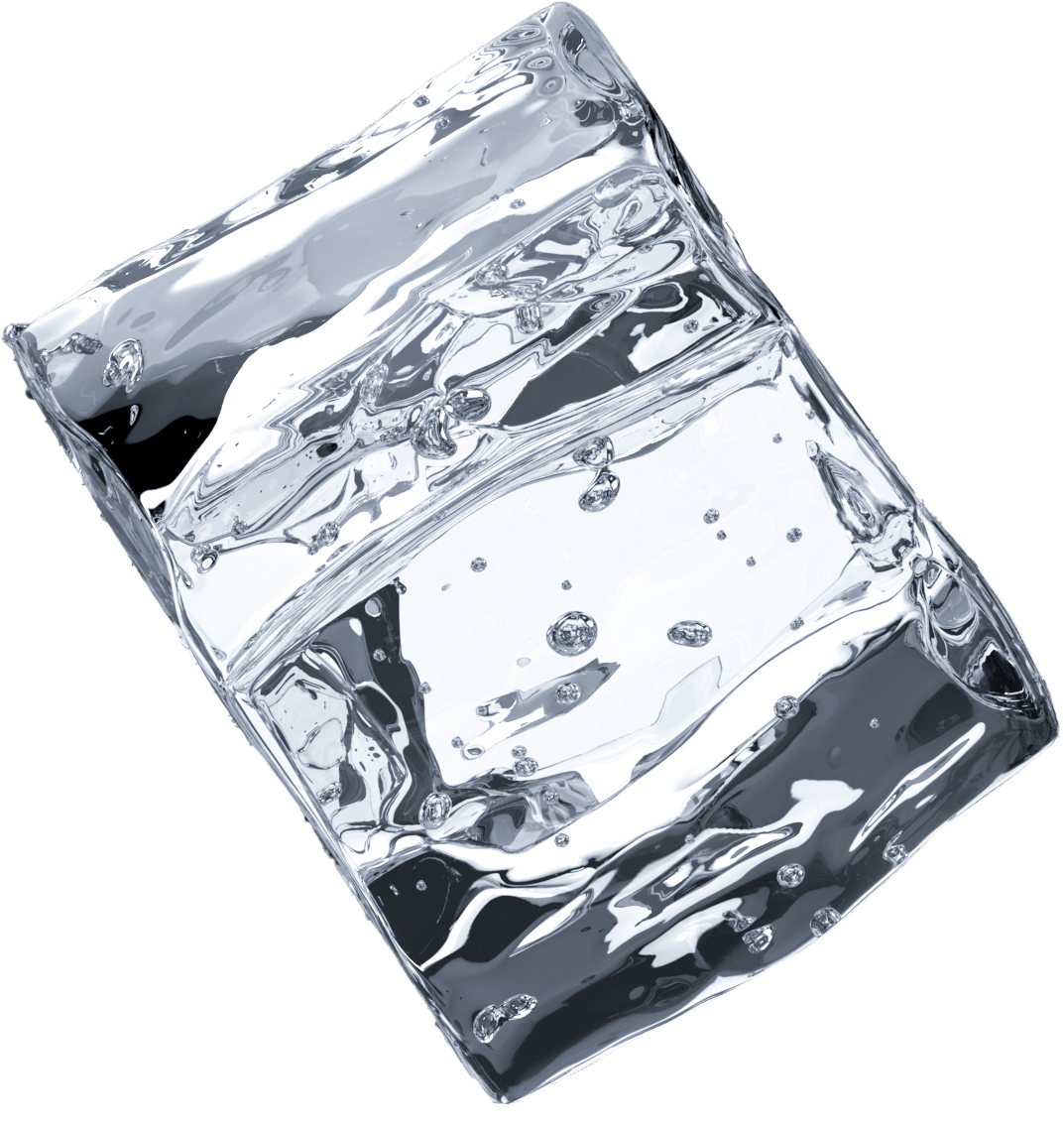 A clear, rectangular ice cube with internal bubbles, tilted against a green background.