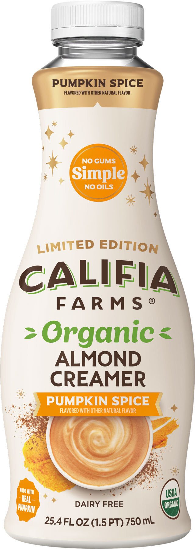 Califia Farms Limited Edition Organic Pumpkin Spice Almond Creamer, Dairy Free, 750ml bottle.