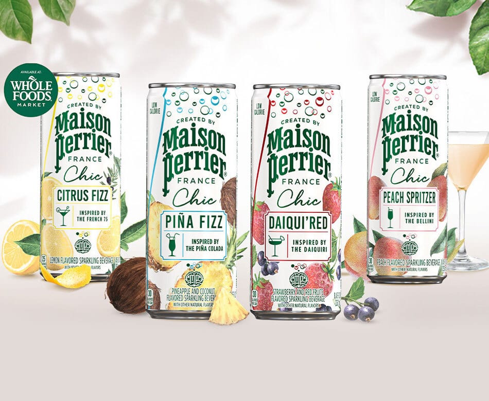 Four Maison Perrier Chic sparkling cans: Citrus, Piña, Daiqui'red, Peach, with fruits.
