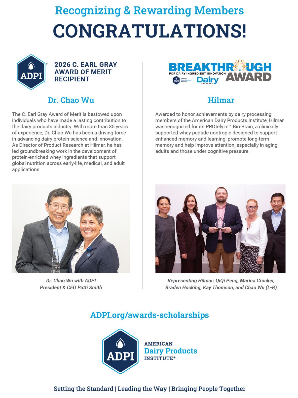 Dr. Chao Wu receives the C. Earl Gray Award, and Hilmar is honored with the Breakthrough Dairy Award.
