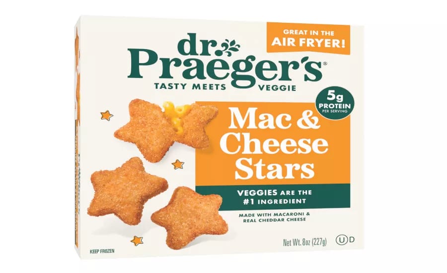 A box of Dr. Praeger's Mac & Cheese Stars, featuring star-shaped pasta with cheese.