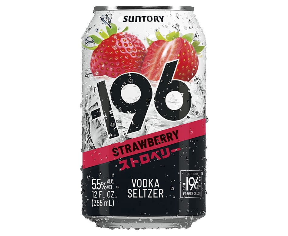 Suntory -196 Strawberry Vodka Seltzer can, white and black design with strawberries and condensation.