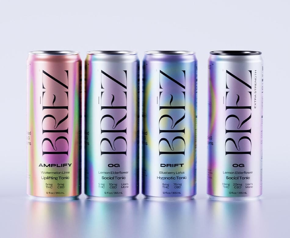Four iridescent BREZ tonic cans, including Amplify, OG, and Drift flavors, with THC and CBD.
