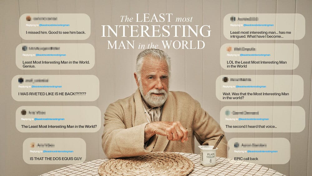 Jonathan Goldsmith (Dos Equis guy) as "The Least Most Interesting Man," eating yogurt, with social media reactions.