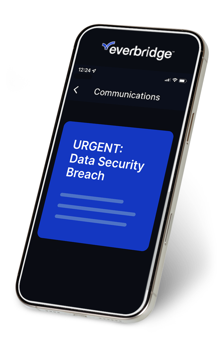 Smartphone with Everbridge app showing an urgent "Data Security Breach" alert.