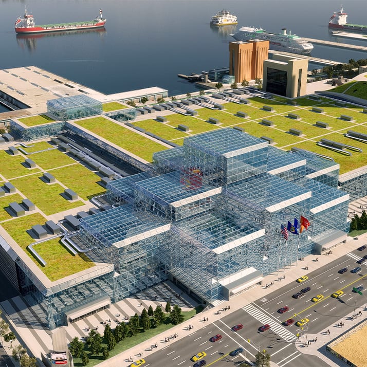 Aerial view of Jacob K. Javits building.