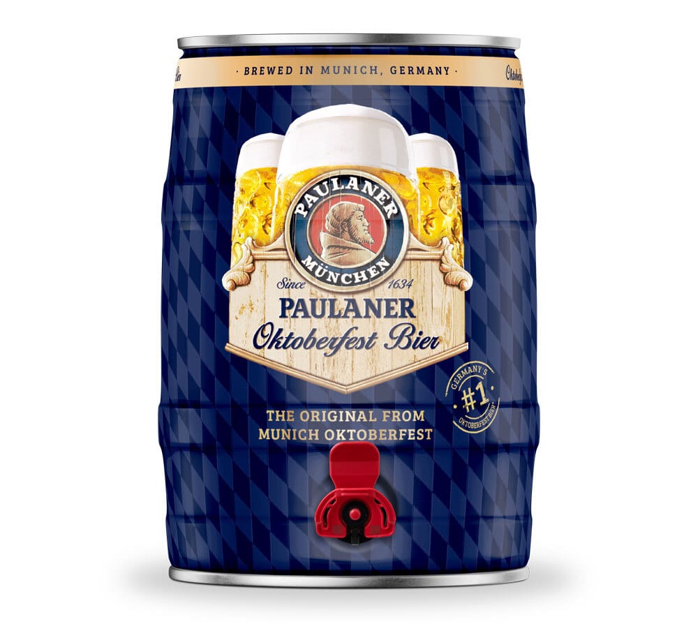 Paulaner Oktoberfest Bier mini-keg with blue checkered design and red tap.