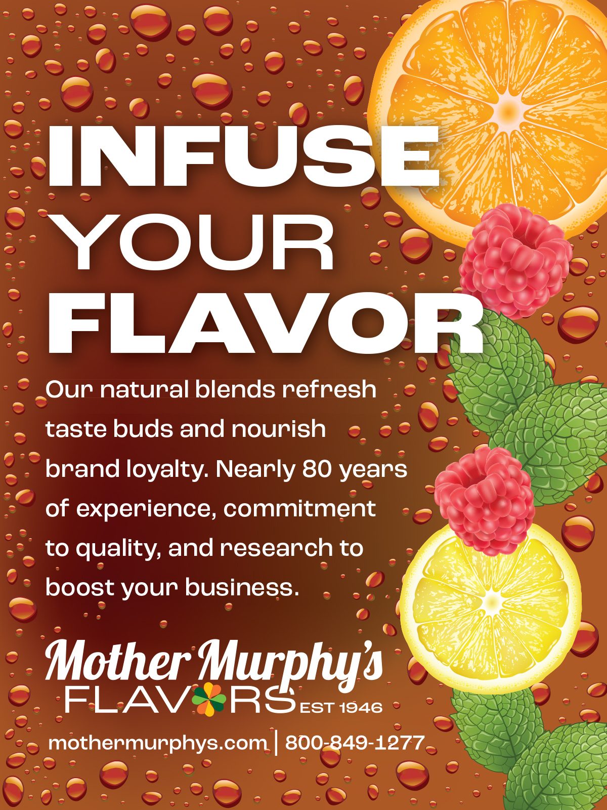 Mother Murphy's "Infuse Your Flavor" ad with orange, lemon, raspberries, and mint on a bubbly brown background.