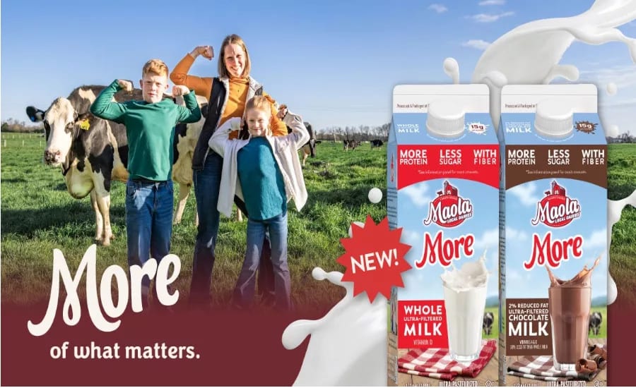 Family and cow on a farm with "Maola More" milk cartons, promoting "More of what matters."