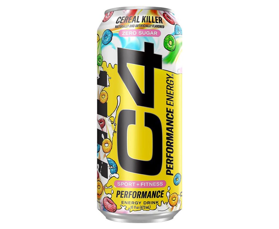C4 Energy "Cereal Killer" zero sugar can, yellow design with colorful cereal loops.