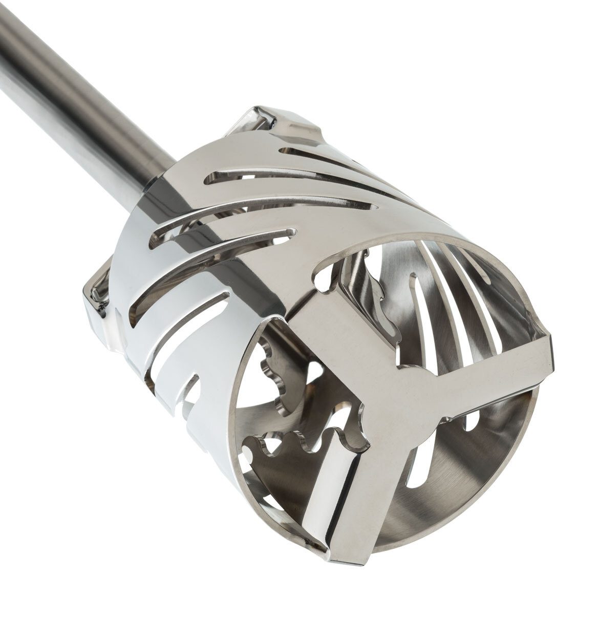 Stainless steel immersion blender head with a perforated cylindrical cage and inner mixing blades.