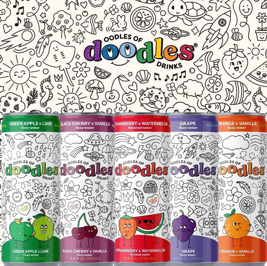 Five "Oodles of Doodles" fizzy drink cans with black and white coloring-book designs, on a doodle background.