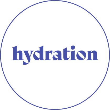 Purple "hydration" in a circle on a dark green background.