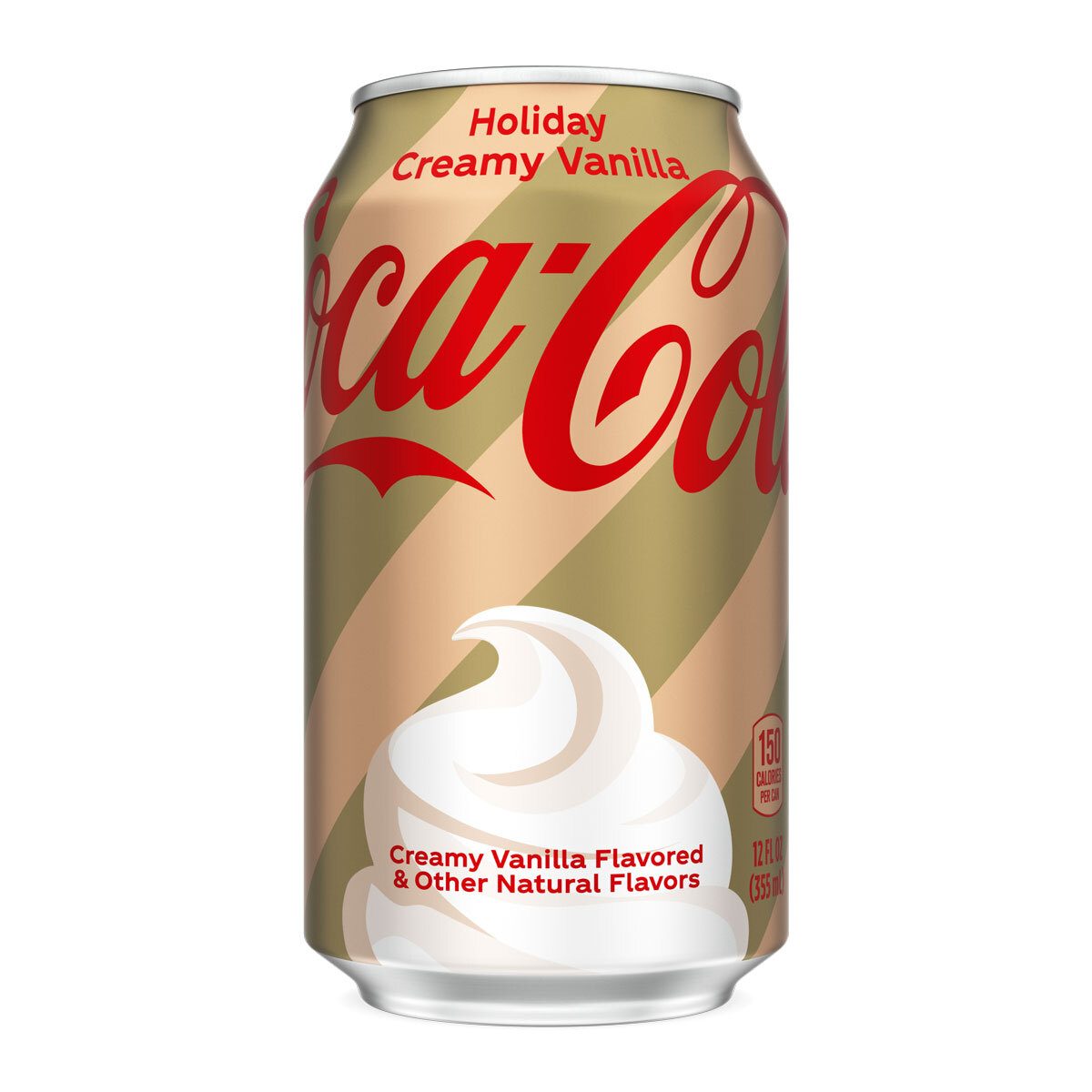 Holiday Creamy Vanilla Coke can with beige/gold stripes and a whipped cream graphic.
