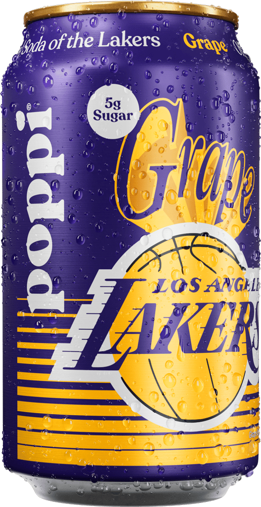 Cold Poppi Grape soda can, purple & gold, Lakers themed, with water droplets and 5g sugar.