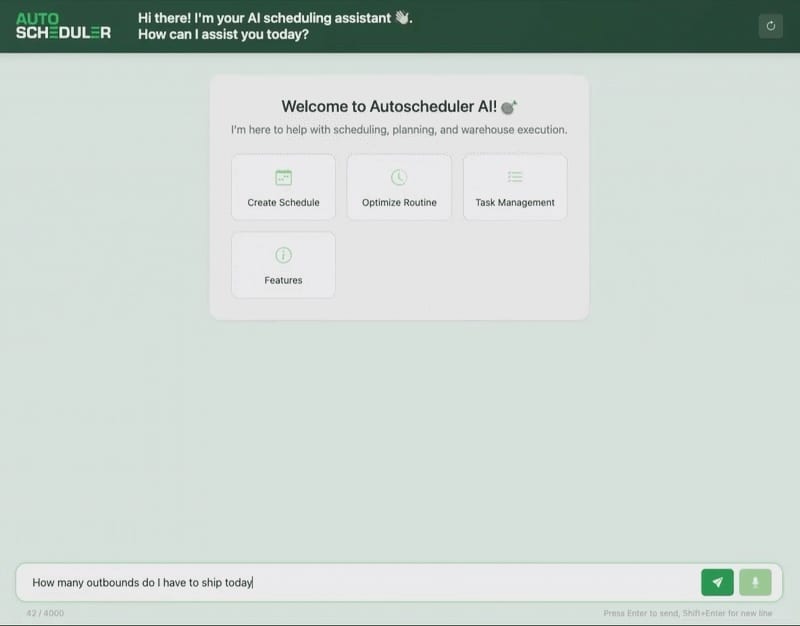 AI scheduling assistant interface showing scheduling options and a user query about outbound shipments.
