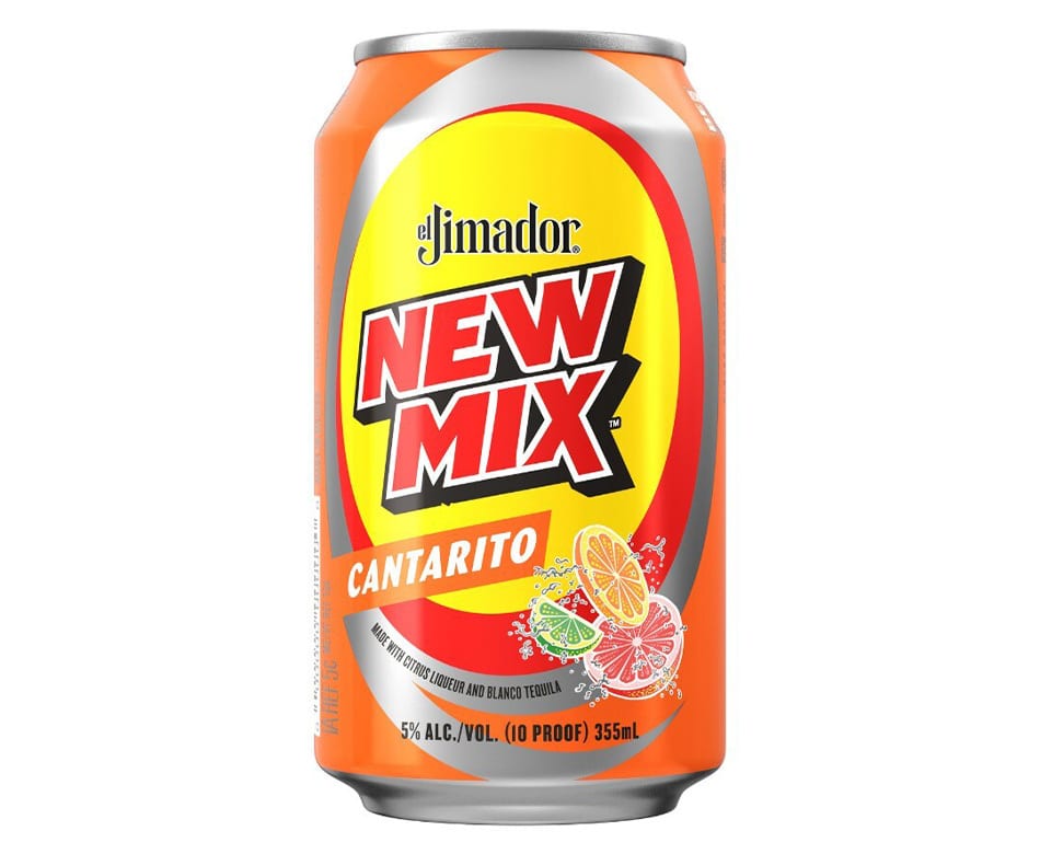Orange and silver can of el Jimador New Mix Cantarito, 5% ABV, with citrus slices.