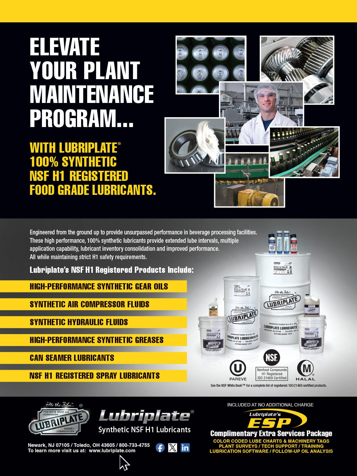 Ad for Lubriplate's synthetic NSF H1 food-grade lubricants, showcasing various products for plant maintenance.