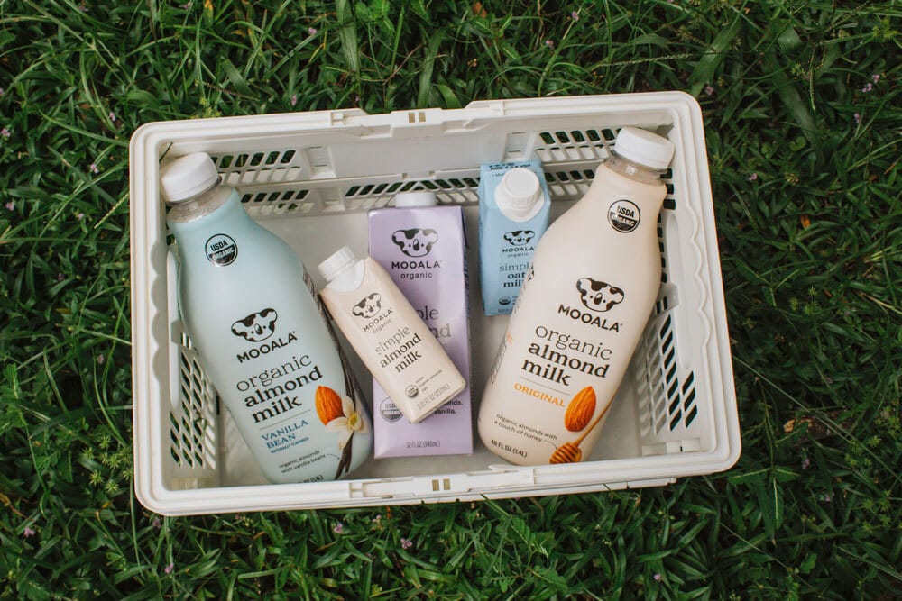 Moovala organic almond and oat milks in a white basket on green grass.