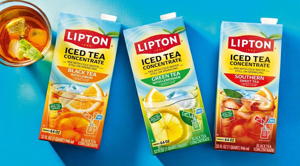 Three Lipton Iced Tea Concentrate cartons: Black Tea Lemon, Green Tea Lemonade, Southern Sweet Tea.