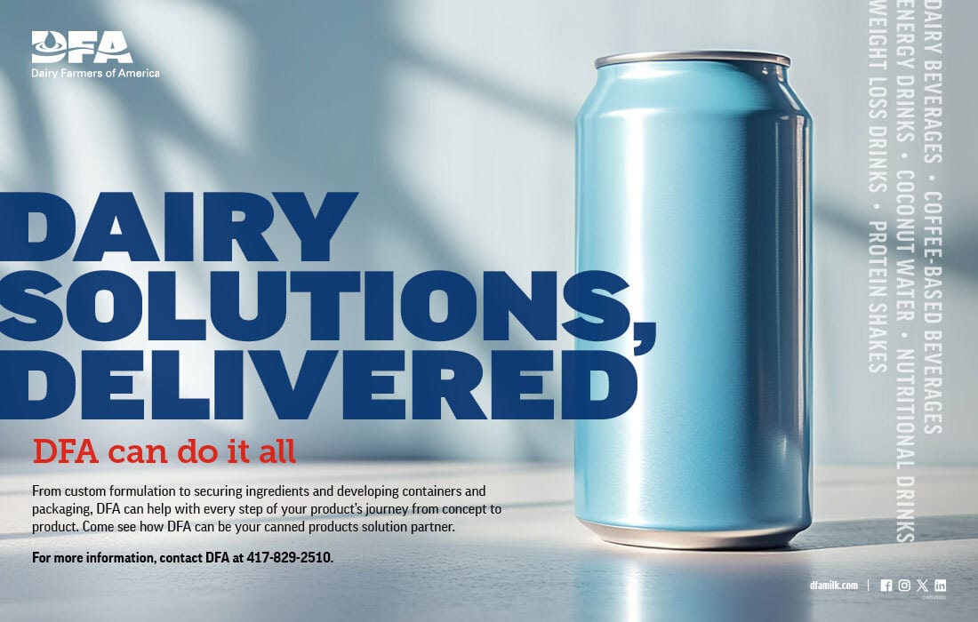An advertisement for Dairy Farmers of America, offering dairy solutions with a blue canned drink on a light background.