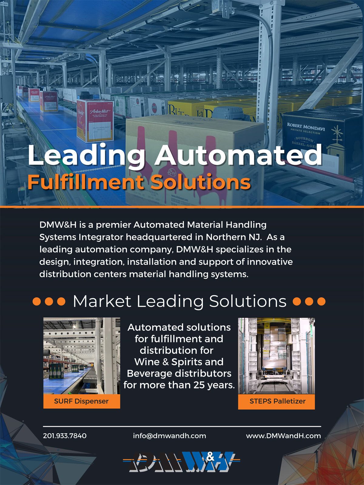 DMW&H's leading automated fulfillment center for wine & spirits, showing boxes on conveyors.