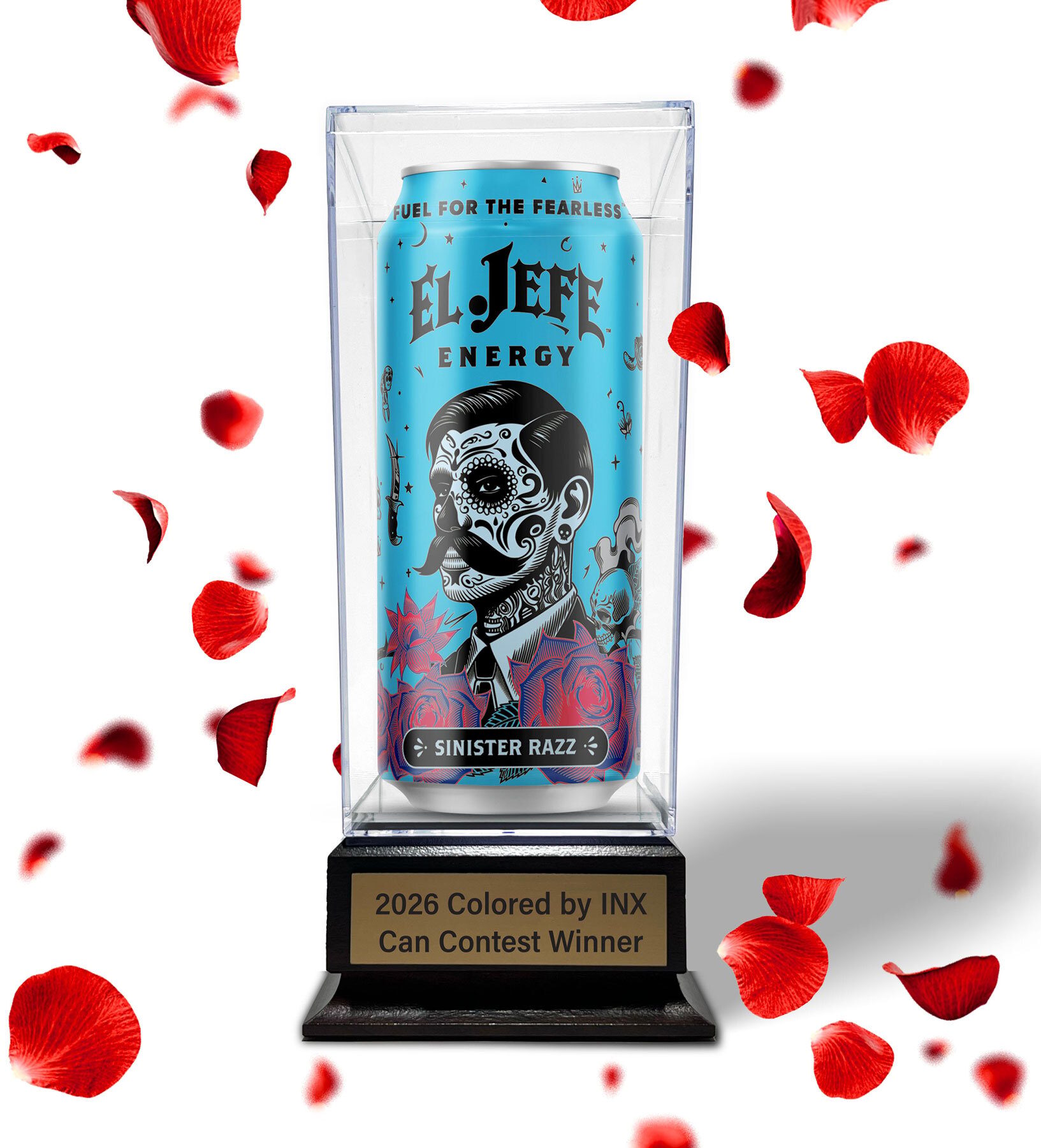 A clear display case holding an El Jefe 'Sinister Razz' energy drink can, on a trophy base.