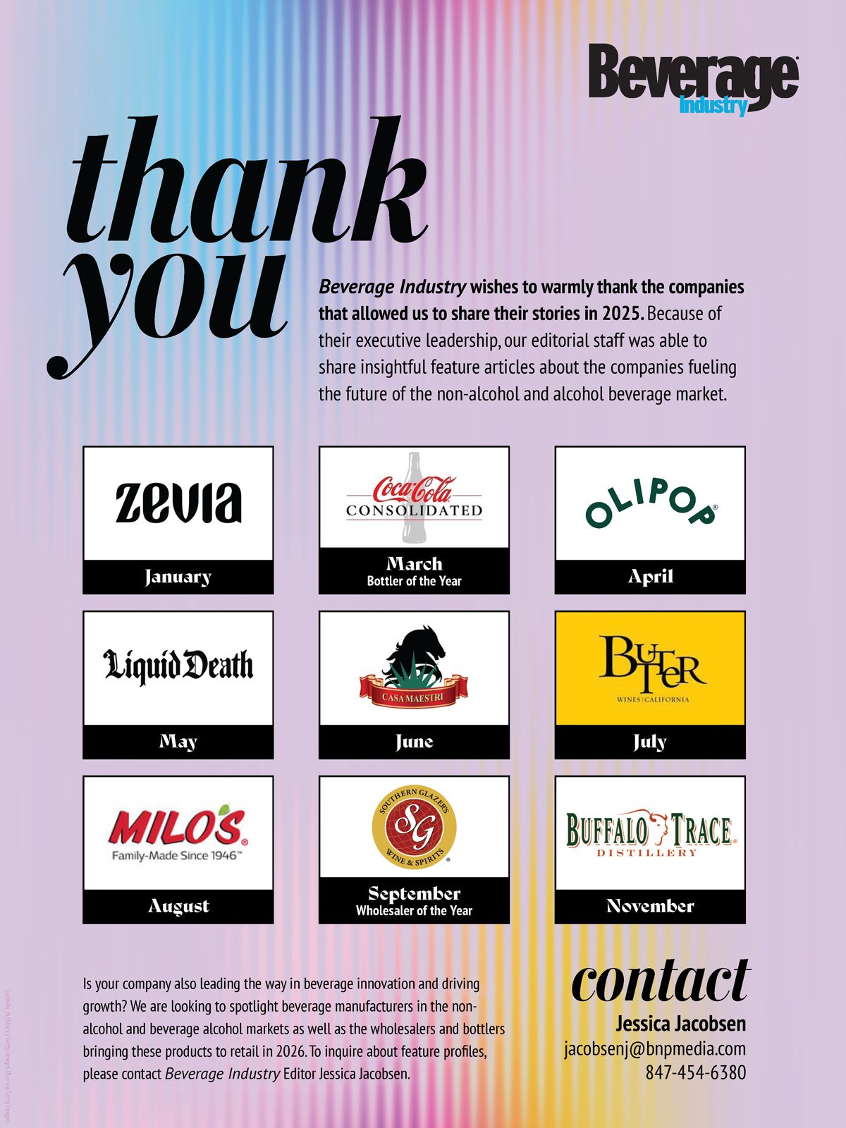 Beverage Industry thanks 2025 featured companies & invites new for 2026. Contact Jessica Jacobsen.