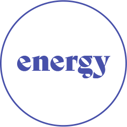 Purple 'energy' text in a green circle with a purple border.