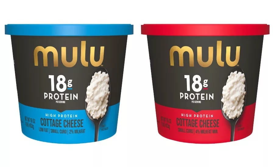 Two Mulu high-protein cottage cheese tubs, one blue (low fat, 2% milkfat) and one red (4% milkfat).