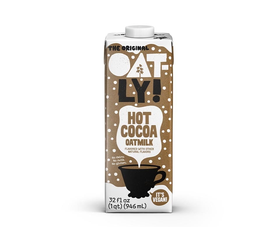 Oatly Hot Cocoa Oatmilk carton, brown with "Hot Cocoa" and a mug design.