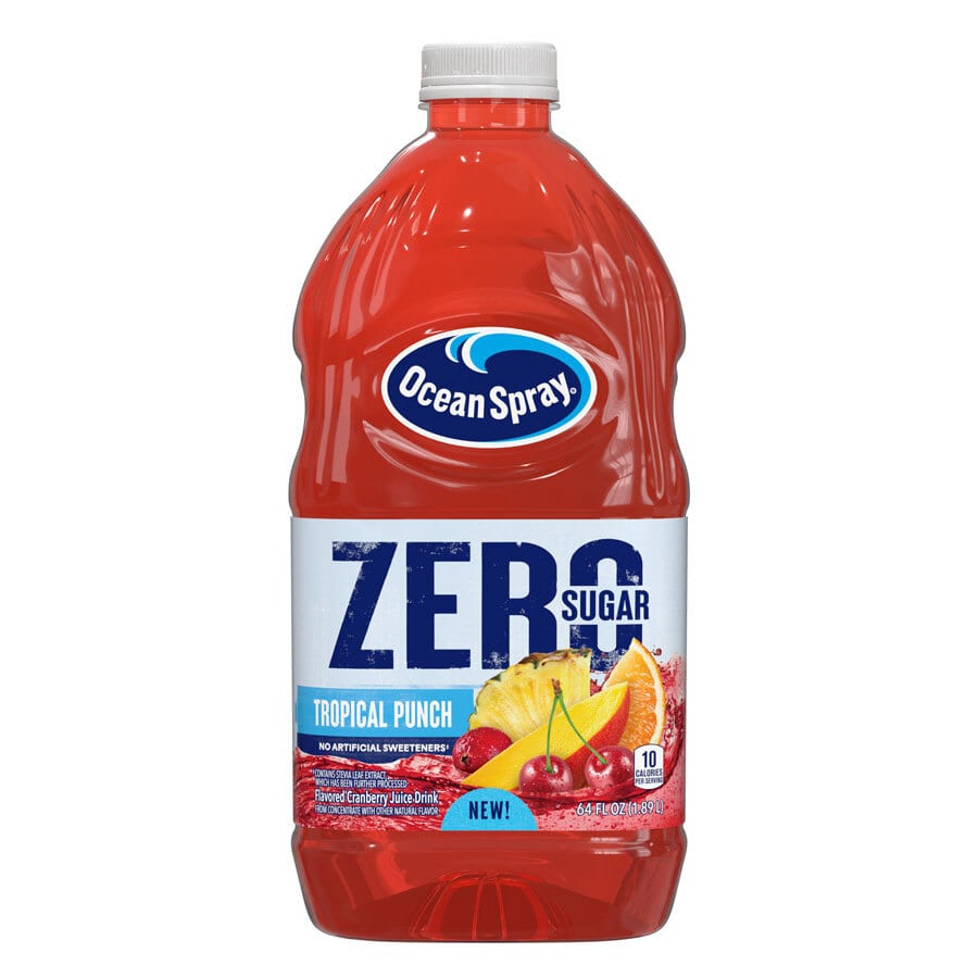 Red bottle of Ocean Spray Zero Sugar Tropical Punch with tropical fruits on the label.