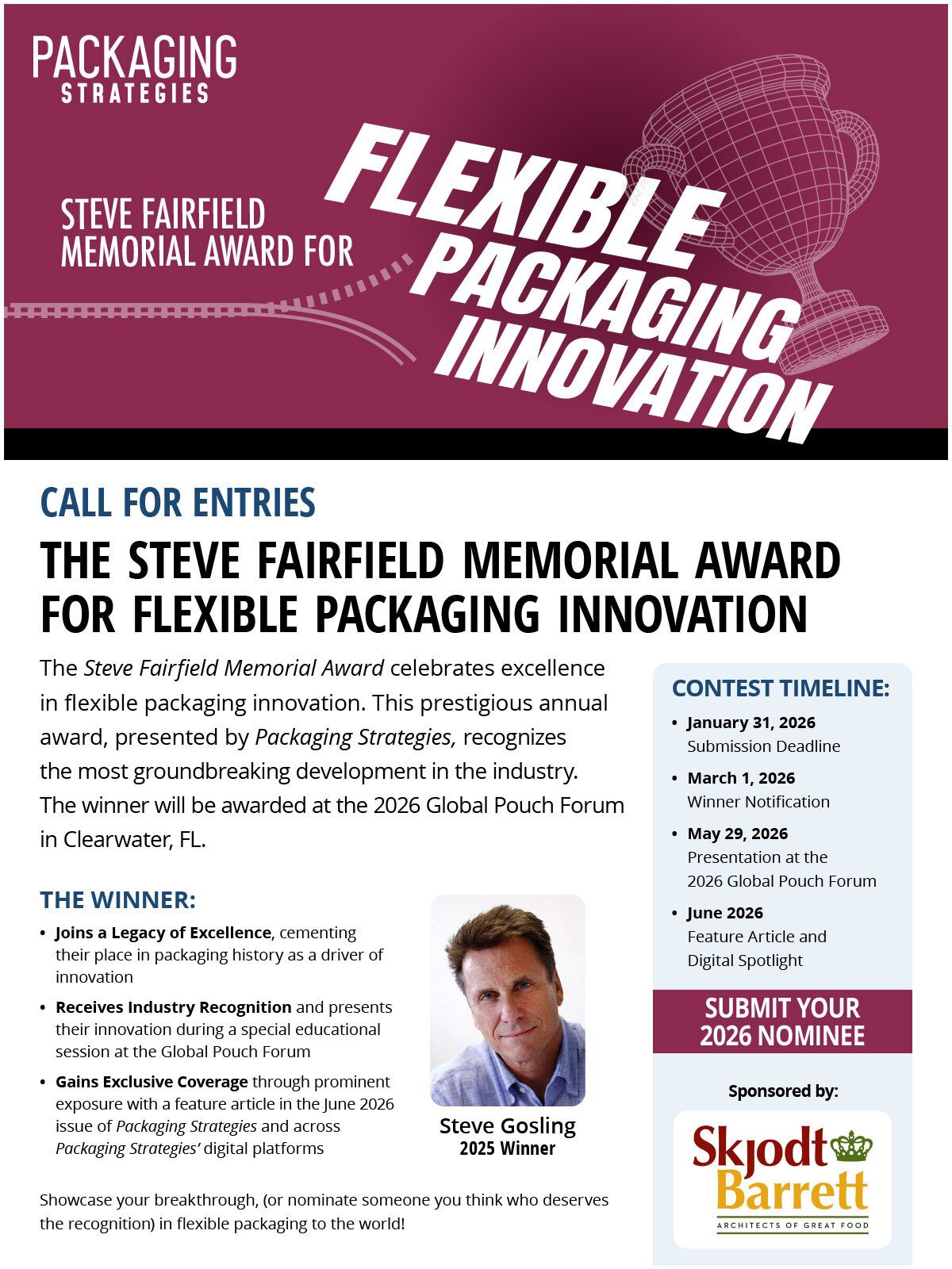Announcement for the Steve Fairfield Memorial Award for Flexible Packaging Innovation, with timeline.