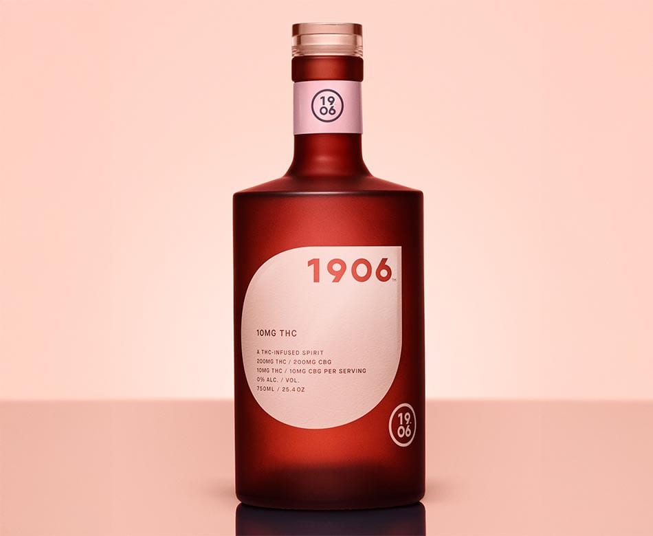 Red bottle of 1906 THC-infused spirit, 10MG THC, 0% alcohol.