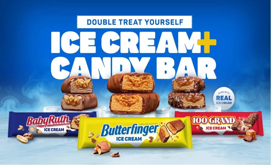 Candy bars like Baby Ruth, Butterfinger, and 100 Grand reimagined as ice cream bars. "Double treat yourself." Made with real ice cream.