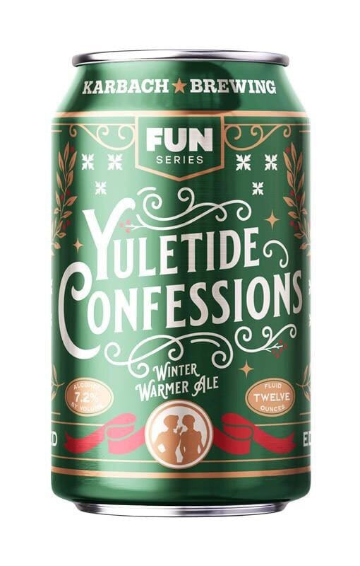 Green Karbach "Yuletide Confessions" Winter Warmer Ale can, 7.2% ABV, festive holiday design.