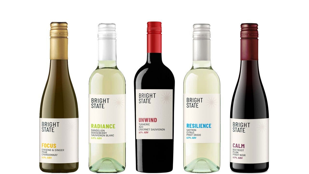 Five different Bright State wine bottles, including Focus, Radiance, Unwind, Resilience, and Calm variants.