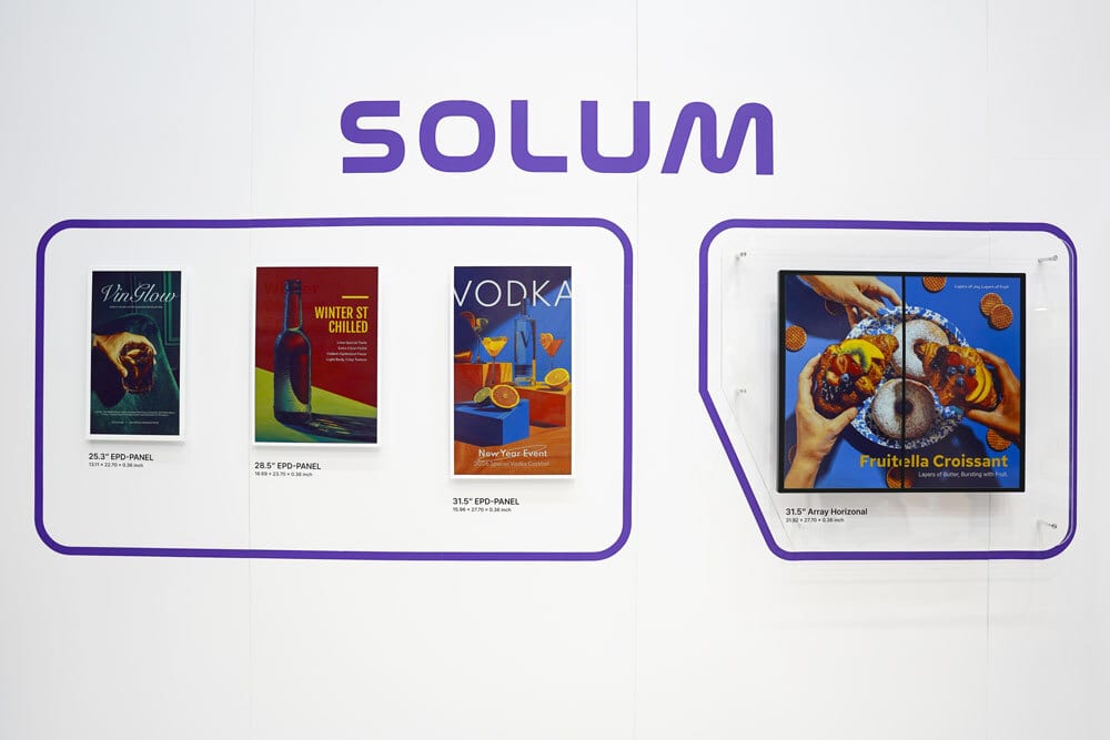 SOLUM electronic paper display panels advertising drinks and food.