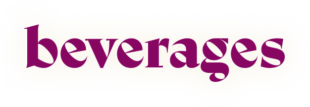 Text: "beverages" in purple on a textured beige banner.