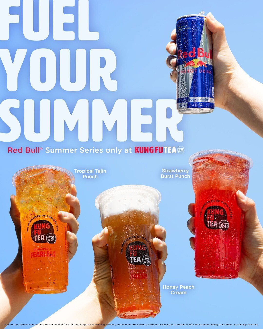 Red Bull Summer Series drinks at Kung Fu Tea, with a Red Bull can and three colorful iced beverages.
