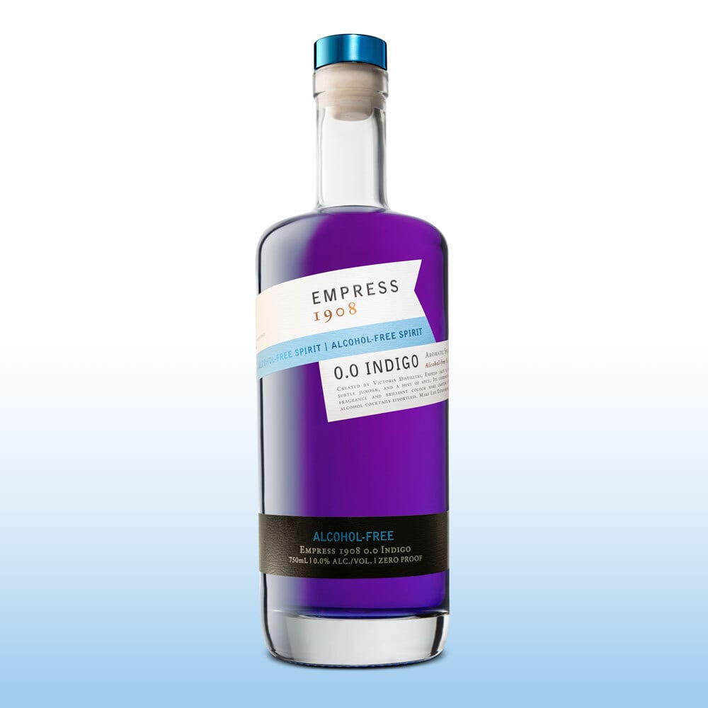 Purple Empress 1908 0.0 Indigo alcohol-free spirit bottle.