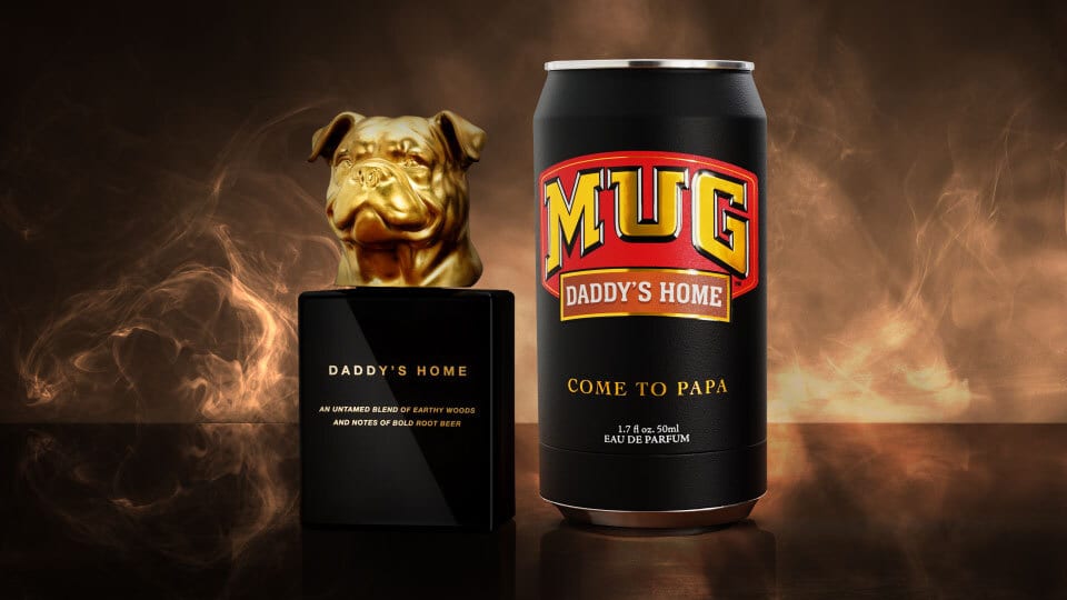 Two "Daddy's Home" fragrances: bulldog bottle and Mug Root Beer can.