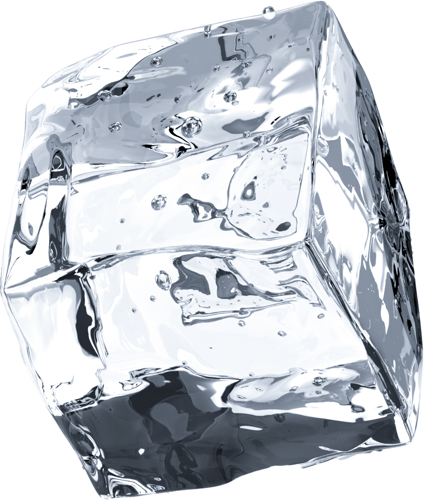 A close-up of a clear, irregular ice cube with numerous small air bubbles and reflective surfaces.