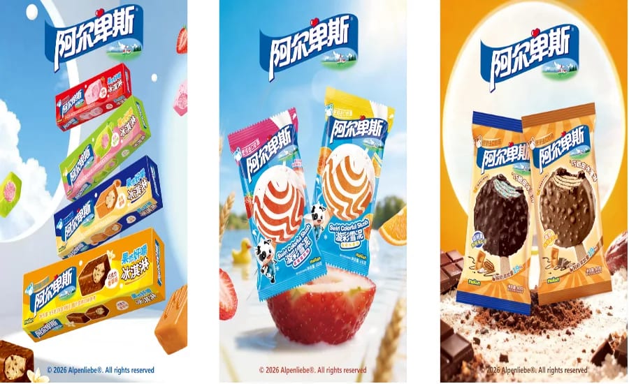 Advertisements for Alpenliebe frozen treats: various popsicles, swirl slush, and chocolate bars.