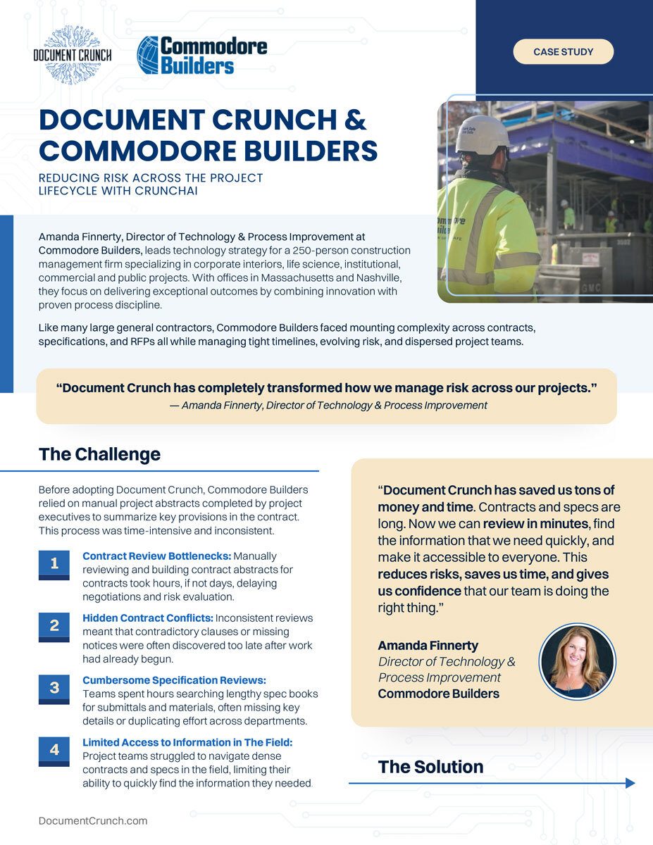 Case study: Document Crunch & Commodore Builders, reducing risk in construction, with worker photo and quotes.